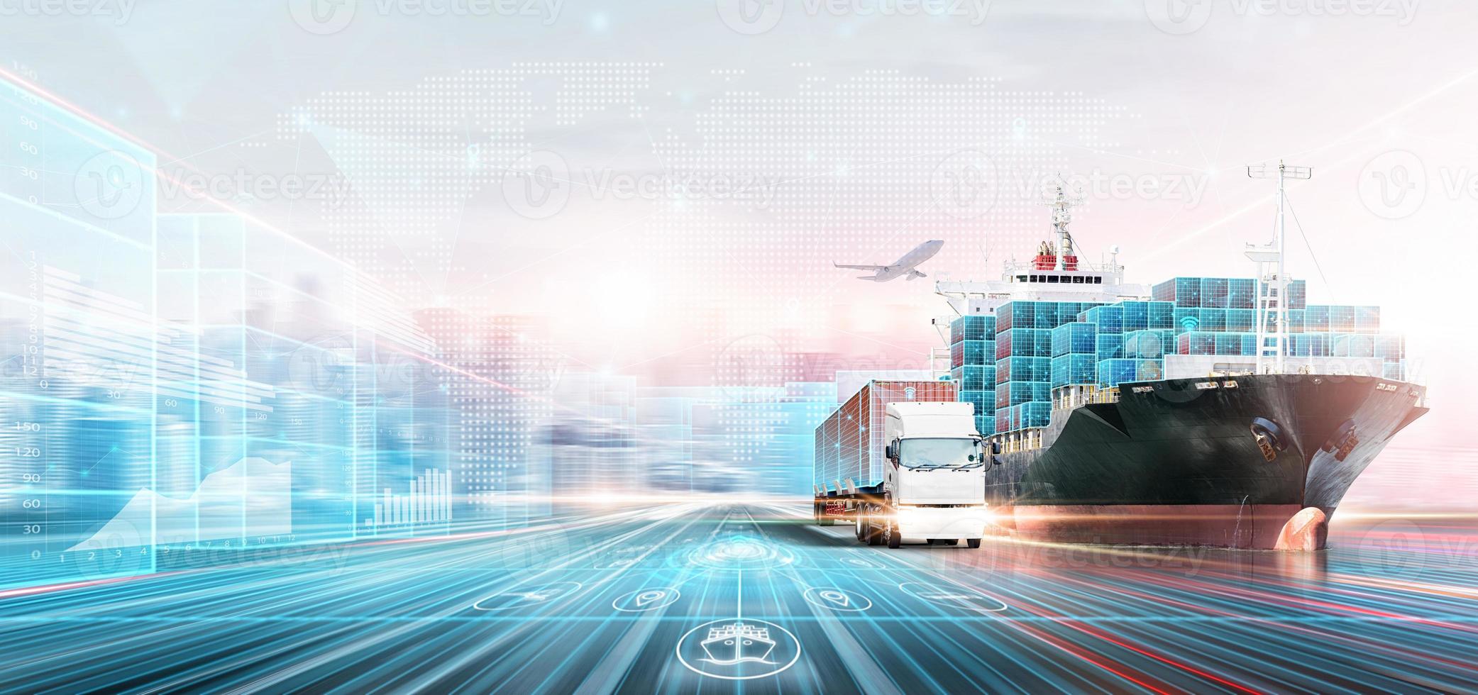 smart-logistics-digital-marketing-technology-concept-double-exposure-polygon-wireframe-of-container-cargo-freight-ship-plane-truck-growth-graph-modern-future-import-export-transport-background-photo